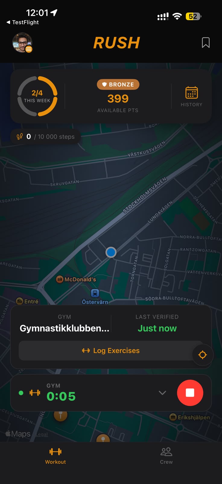 Rush — active workout with gym verification