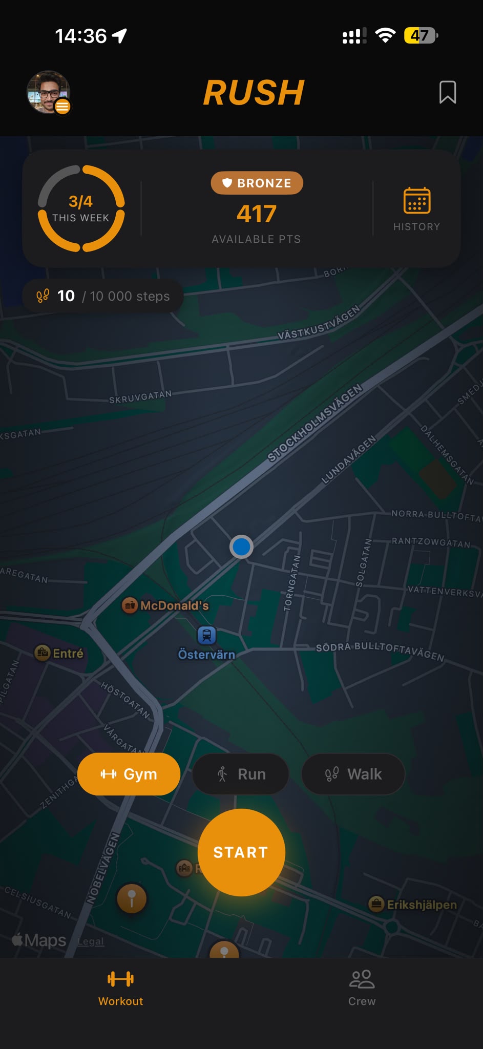 Rush — start a gym workout